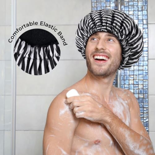 Shower Cap for Men Black Bath Cap, Reversible Terry Lined Large Waterproof Adjustable Shower Caps Elastic Band Stretch Hem Hair Hat for braids - color: Black Stripe