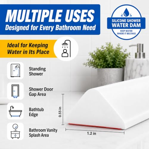 Shower Threshold Water Dam Barrier, 1.2 x 0.55 in, White | Flexible silicone water barrier for showers, sinks, and countertops; choose the size, height, and color that fits your space. - color: White, style: 0.55in x 67in