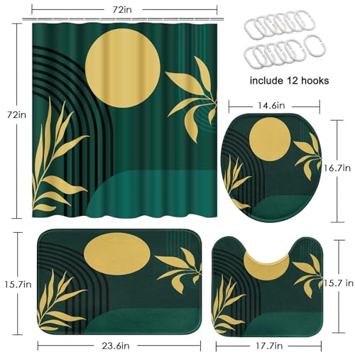 Boho Mid Century Shower Curtain Set with Toilet Lid Cover and Non-Slip Rugs, Abstract Geometric Dark Green 4 Pcs Modern Minimalist Shower Curtain for Bathroom Set with 12 Hooks - color: Boho Dark Green