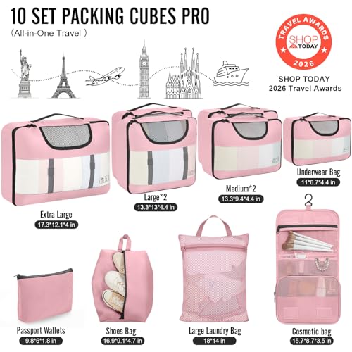 Veken 10 Set Packing Cubes for Travel Essentials,Anti-Wrinkle Buckled Suitcase Organizer for Shoe & Toiletry Bag,Carry On Luggage Bag with 99+ Count Mesh Holes for Airplane & College Dorm Accessories - color: 03 Pink