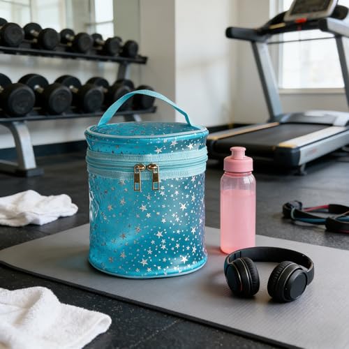 Waterproof Blue Star PVC Makeup Bag - 7.1x6.3in Barrel Cosmetic Organizer with Zipper, Portable Toiletry Pouch for Women & Men (Blue) - color: Blue