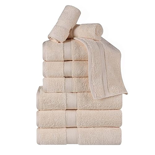 BLUENILEMILLS BNM Madeline Egyptian Cotton Heavyweight Towels, Ideal for Shower, Spa, Hotel, 800 GSM, Face/Washcloths, Hand Towels, Bath Towels, Highly-Absorbent, Luxury, 9 Piece Towel Set, Cream - color: Cream, size: 9-Piece Towel Set