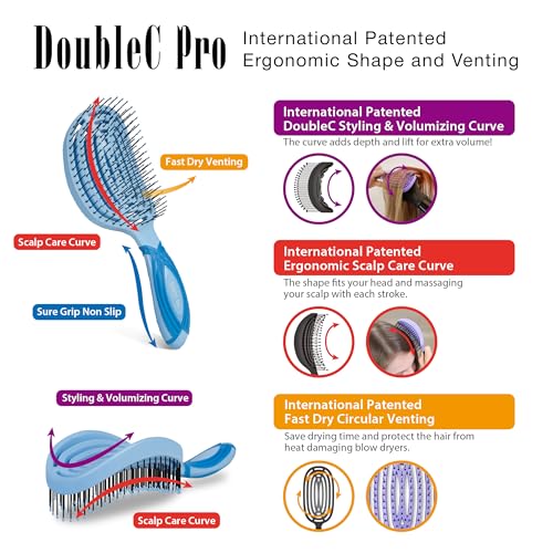 NuWay® DoubleC® Pro Professional Detangling Hair Brush – Patented Double Curve Scalp Care Brush for Gentle Detangling, Blow-Dry Styling & Wet or Dry Hair (Azure Blue) - color: Azure Blue