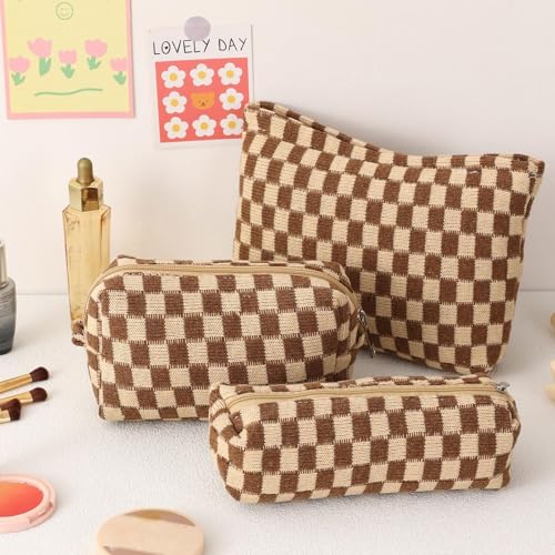 LYDZTION Makeup Bag Cosmetic Bag for Women,1Pcs Large Capacity Makeup Bags and 1Pcs Pencil Case Makeup Brushes Storage Bag Travel Toiletry Bag Organizer - color: 3pcs brown