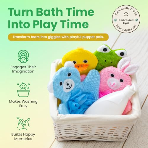 Made Easy Kit Hand Puppet Bath Wash Mitt Towel with Animal Designs with Loofahs for Fun Interactive Bathing Time (Green Yellow Pink Blue) - color: Green Yellow Pink Blue