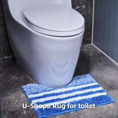 3-Piece Striped Bath Rug Set with U-Shaped Toilet Rug, Non-Slip Rubber Bottom, Soft Absorbent Microfiber, Quick Dry, Ultra Soft, Bath Mats for Tub - Sky Blue - color: Sky Blue