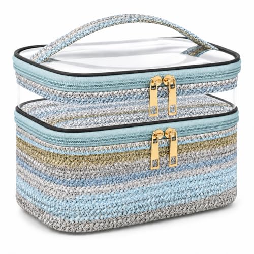 Woven Faux Leather Travel Makeup Bag for Women, Cosmetic Organizer with Clear PVC Top, Large Capacity Toiletry Bag (Blue) - color: 03-Blue