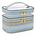 Woven Faux Leather Travel Makeup Bag for Women, Cosmetic Organizer with Clear PVC Top, Large Capacity Toiletry Bag (Blue) - color: 03-Blue