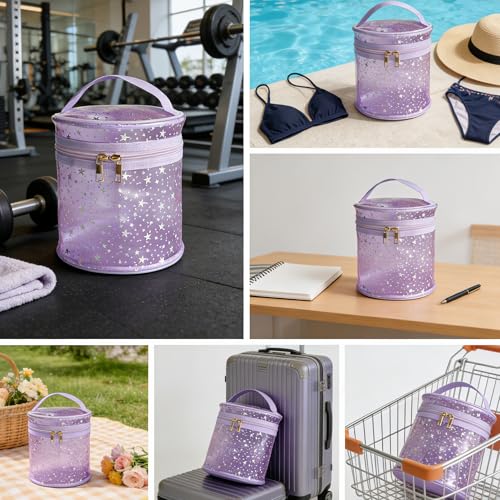 Waterproof Pink Star PVC Makeup Bag - 7.1x6.3in Barrel Cosmetic Organizer with Zipper, Portable Toiletry Pouch for Women & Men (Purple) - color: Purple