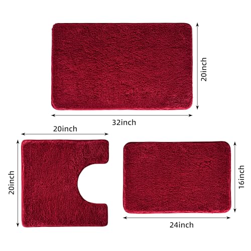 3 Pieces Luxury Bathroom Rug Set with U-Shaped Toilet Rug, Non-Slip Rubber Bottom, Thick Microfiber Fluffy Plush, Water Absorption, Quick Dry, Ultra Soft, Bath Mats for Bathroom, Tub(Dark Red) - color: Dark Red