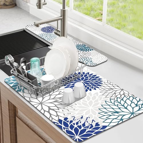 Findosom 2PCS 12" x 20" Dish Drying Mat & 24" x 5.5" Sink Splash Guard, Super Absorbent & Cuttable Dish Mat Drying Kitchen Mat with Blue Floral, Hide Stain Drying Mat for Kitchen Counter - color: Blue, size: 12" X 20" + 24" X 5.5"