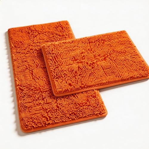 Orange Bathroom Rugs 2 Pieces Bright Orange Bath Rugs Fall Shower Rugs with Small Rug Contour Toilet Mat Absorbent Chenille Plush Bath Mats Non Slip Bath Rugs Bathroom Floor Mats Bath Mat Set - color: Orange, size: 32"L x 20"W + 24"L x 16"W