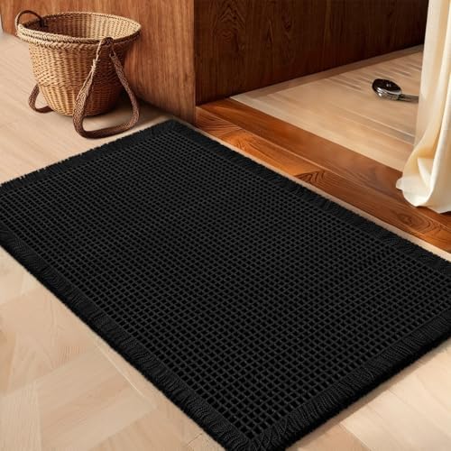 IM HOME Waffle Bath Mat Black 32"x20", Boho Woven Modern Bath Mat Rugs, Absorbent Non Slip Bathroom Rugs, Soft Washable Bath Rugs with Tassels for Bathroom, Bedroom, Kitchen, Shower, Tub - color: Black, size: 1'8" x 2'8" (Rectangular)