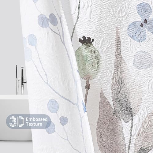 QiyI Watercolor Wildflowers Shower Curtain, Minimalist Grey Poppies Cloth Bath Curtain, Embossed Butterflies Botanical Flower Bathroom Curtain, Waterproof Fabric Shower Curtain Set with Hooks, 72x72 - color: Grey Poppy, size: 72"W x 72"L (Pack of 1)