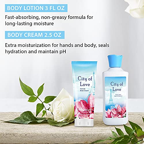 Bath & Body Kit, 3 Fl Oz, Ideal Skincare Gift Home Spa Set, Includes Body Lotion, Shower Gel, Body Cream, and Fragrance Mist, Birthday Mother's Valentine's Day Gifts(City of Love)
