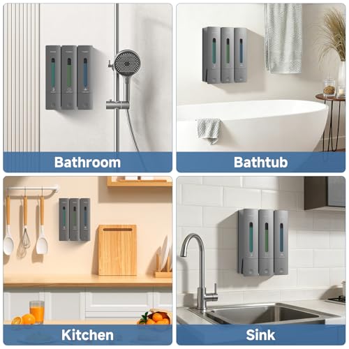 Shampoo and Conditioner Dispenser - Shower Soap Dispenser Wall Mounted No Drill - Shampoo Conditioner Body Wash Dispenser 3 Chamber - Easy Install for Bathroom Hotel Gungrey 1200ml - color: Grey 3