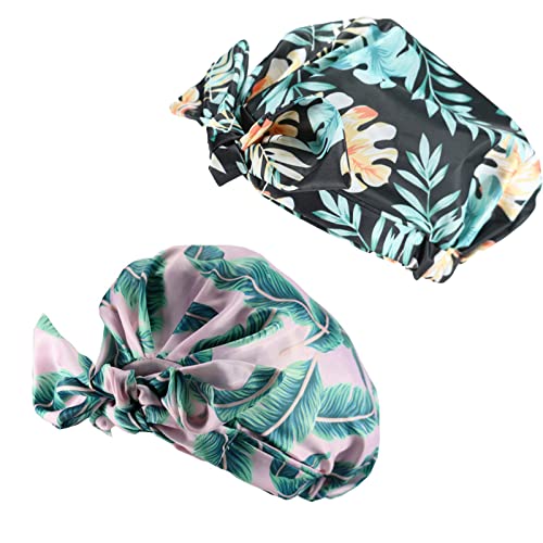 Women Girls Shower Caps, Waterproof Reusable Shower Hair Caps Turban Shower Bath Caps for Long, Short and Curly Hair,Set of 2 (Plant)