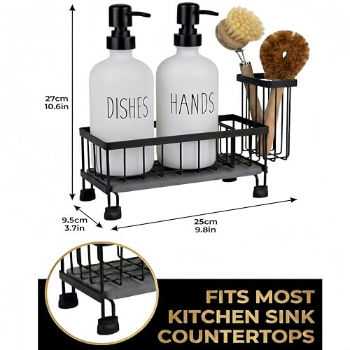 Kitchen Soap Dispenser Set with Sponge Holder & Brush Holder - 16oz Glass Hand and Dish Soap Dispenser, Instant Dry Diatomaceous Earth Stone Tray, Non-Slip Silicone Pad, Sink Organizer(White)