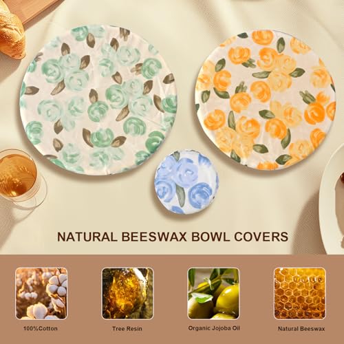 Reusable Bowl Covers for Bread Proofing - Beeswax Bowl Covers Reusable 3 Set, Cotton Blend Stretch Design, Fits 4-13 Inch Bowls, Shower Caps for Sourdough Bread, Dough Proofing & Food Storage（Roses） - color: Roses