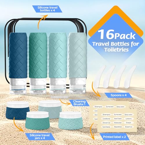 16 Pack Travel Bottles for Toiletries, TSA Approved Travel Size Toiletries Containers Set, BPA-Free Silicone Leak Proof Refillable Bottles Stackable Creams Jars Accessories Kit W/Clear Bag Mint Green - color: Mint Green