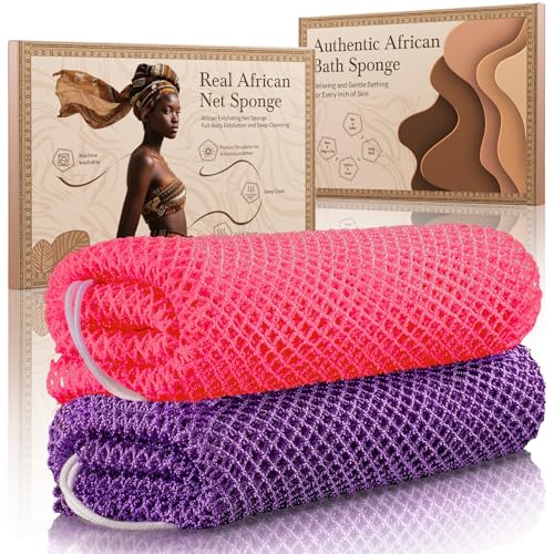 African Net Sponge Authentic 2 Pieces Gentle Exfoliating Body Scrubber Bath Sponges for All Skin Types, African Exfoliating Net Sponge with Handles Washcloth Loofah Bathing Accessories for Shower - style: Light Rose Pink, Purple