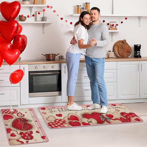 Drydiet 3 Pcs Retro Valentines Kitchen Mat and Rug Non Slip Red Heart Doormat Washable Waterproof Floor Mats Farmhouse Holiday Kitchen Decor for Home Floor Office Bathroom Party Rustic Decor - color: Red, style: Heart