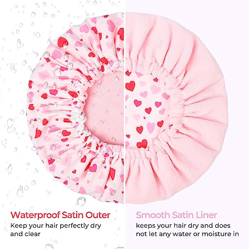 Shower Cap for Women Terry Lined Bath Cap Large Reusable Waterproof Elastic Band Pink Shower Caps for Long Thick Hair Soft Bath Shower Hair Caps - color: Pink Hearts