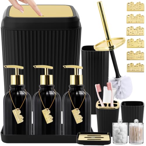 Bathroom Set, Black Bathroom Set Black and Gold Bathroom Accessories Set with Trash Can, 3PCS Soap Dispenser Bathroom Sets - size: Bath Set with Press-Top Trash Can, style: Black