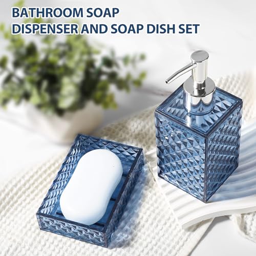 RYTOXILO Bathroom Accessories Set, 4 Pack Blue Acrylic Bath Accessory Sets Complete, Diamond Soap Dispenser and Toothbrush Holder Bathroom Counter Sink Set, Boho Modern Bathroom Decor - color: Blue