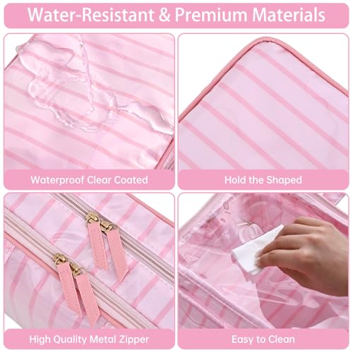 Travel Toiletry Bag for Women, Waterproof Clear Coated Portable Stripe Makeup Cosmetic Bag with Compartment, Travel Organizer for Shampoo, Conditioner, Brushes Set,Cosmetic Accessories(Pink Stripe) - color: Pink Stripe