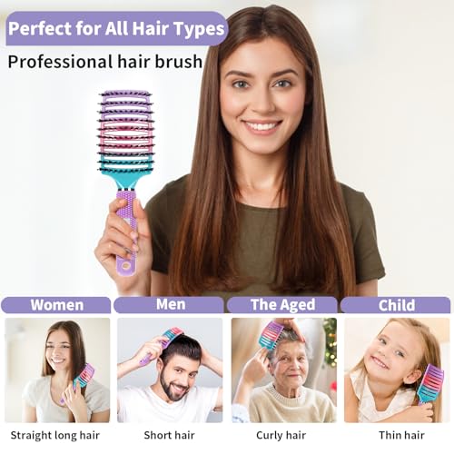 Boar Bristle Hair Brush Set of 2, HIPPIH Wet & Dry Hair Brushes Made by Fine Natural Boar Hair Can Adds Shine and Smoothing, Detangling Hairbrush for Women, Men & Kids' Long Curly Thick Hair - color: Mint Green & Purple