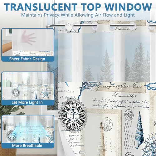 No Hook Vintage Nautical Shower Curtain with Waterproof Snap-in Liner, Ocean Themed Stamps Retro Shower Curtain with Mesh Top Window, Quick Dry Cloth Shower Curtains for Bathroom, 71"W x 74"L - color: Vintage Nautical Stamps