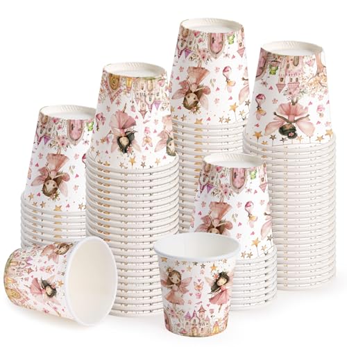 WRAPAHOLIC 3oz Fairy Birthday Paper Cups - 100 Pack Disposable Bathroom Cups with Flower Fairy Castle Design, Small Mouthwash Cup for Toothbrush Rinse, Home Bathroom and Baby Girls Shower - color: Pink Fairy