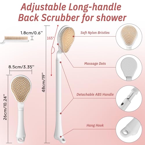 Back Scrubber for Shower & Silicone Bath Glove Set, 19’’ Detachable Long Handle Body Scrubber Wet or Dry Brush, Adjustable 2-in-1 Back & Body Brush with Soft Bristles for Deep Cleaning(White) - color: Back Scrubber-white