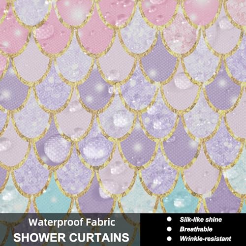 4Pcs Pink Mermaid Scales Shower Curtain Set with Rugs, Sparkly Iridescent Patterns, Underwater Ocean Bathroom Decor, Machine-Washable Fabric, with 12 Pcs Hooks，71 x 71in