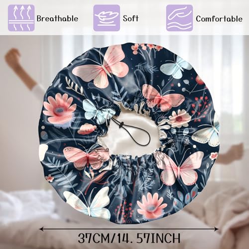 Luxury Shower Cap Silk Satin Lined Waterproof Reusable Adjustable Elastic Dry Hair Bathing Caps Cute for Women Girls-Butterfly Flower - color: C--4-Butterfly Flower