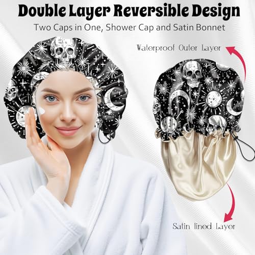 Luxury Shower Cap Satin Lined Reusable Waterproof Double Layer Elastic Adjustable Hair Bath Cap Cute Aesthetic Women Girlss-Skull - color: F5-Skull