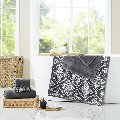Modern Threads Amaris 6-Piece Reversible Yarn Dyed Jacquard Towel Set - Bath Towels, Hand Towels, & Washcloths - Super Absorbent & Quick Dry - 100% Combed Cotton, Coal - color: Charcoal Grey, style: Bohemian
