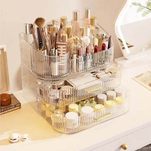 Large Makeup Organizer with Drawers, 360° Rotating Brush Holder | 3-Tier, Cosmetic storage for vanity, skincare, perfume, hair accessories, lipstick and jewelry, Clear - color: Clear, size: 3-layer