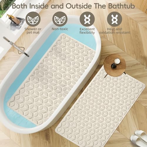Bathtub Mat Non Slip with Suction Cups - 100% Rubber Bathroom Mat Textured for Bath Tub Shower Safety - Soft on Touch - BPA/PVC Free - Pet Dog Bath Mat - Machine Washable - 16 × 28 Inch（Beige） - color: Beige, size: 28" x 16" (Rectangular)