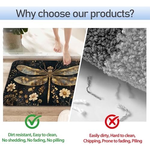 Vintage Dragonfly Bathroom Rug 29.5"x17",Flowers Quick-Drying Super Absorbent Diatomite Bath Mat with Non-Slip Backing, Thin Washable Bathroom Floor Mat Fits Under Door for Shower, Sink, or Tub - color: Vintage Dragonfly Flowers
