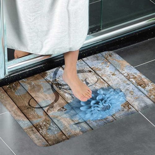 Farmhouse Floral Flower Bath Mat, Dahlia Rustic Wooden Plank Country Barn Wood Blue Flower Non-Slip Flannel Soft Doormat Floor Entryways Outdoor Indoor Front Door Mat, (19X31) - color: Blue, size: 1'7" x 2'7" (Rectangular)