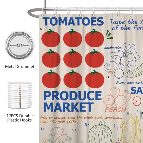 Fabric Shower Curtain with Hooks, Waterproof & Washable & Polyester, Summer Funny Doodle Colorful Cute Farm Fruit Shower Curtains for Bathroom, Unique Cartoon Bathroom Curtain, House Gift, 71x74 Inch - color: Farm Fruits Vegetables Graffiti
