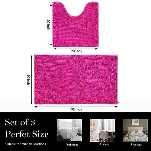 Bathroom Rugs Chenille Bath mat 2 Piece Set, Super Absorbent, Strong PVC Non Slip Backing, Bath mats for Bathroom, Plush Shaggy, Thick, Machine Washable, Bathtub, Toilet.(Hot Pink) - color: Hot Pink, size: 20''×20''U-Shape+20''×32''