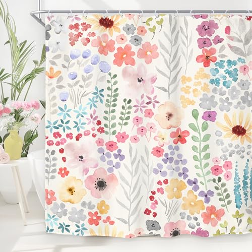 Riyidecor Cute Floral Colorful Shower Curtain,Spring Boho Kids Girls Girly Wildflower Pink Watercolor Fabric Cloth Bathroom Curtains,Funky Trendy Plant Bathroom Decor Set with Hooks 72x72 Inch - color: A-pink, size: 72"W x 72"L (Pack of 1)