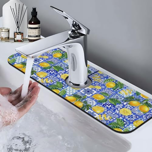 Lemon Mexican Tiles Italian Blue 15" X 5.5" Kitchen Sink Splash Guard Faucet Faucet Guard Draining Mat Sink Splash Guard Faucet Kitchen Bathroom - color: Lemon Mexican Tiles Italian Blue