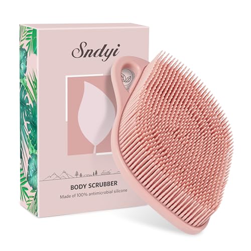 Sndyi Silicone Body Scrubber, Gentle Exfoliating Body Scrubber for Sensitive Skin, Leaf Shaped Shower Scrubber for Body with Lathering Bristles, Silicone Loofah Body Brush for Showering, Pink - color: Pink