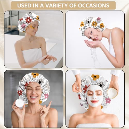 Shower Cap Adjustable Waterproof Double Layer Elastic Reusable Hair Bath Cap Cute Aesthetic for Women Girls-Floral Flower - color: R13-Floral Flower