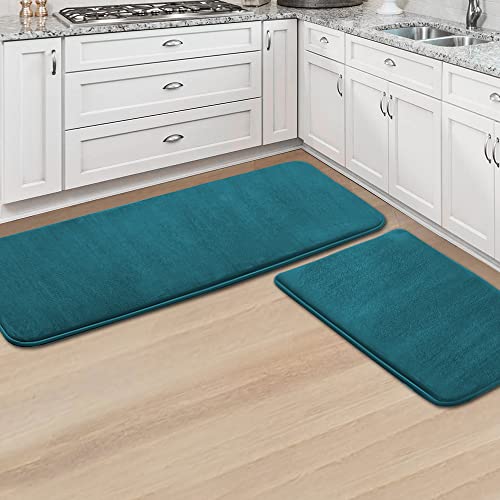 H.VERSAILTEX Kitchen Mat Non Slip Memory Foam Flannel Velvety Runner Rug Water Absorbent Soft Kitchen Rugs Set for Floor Standing Rugs(47" x 17" + 24" x 17", Dark Teal) - color: Dark Teal, size: 47" x 17" Plus 17" x 24"