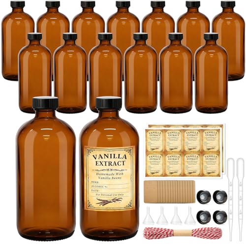 TBWIND 15 Pack 16oz Amber Glass Boston Round Bottles with Airtight Caps | Designed for Homemade Vanilla Extract, Kombucha, Syrups, Herbal Liquids & Tinctures with Droppers, Labels & Funnels - size: 16oz